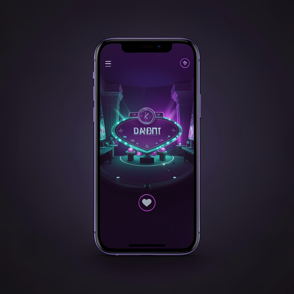 A sleek smartphone screen glowing with deep purple and teal tones, displaying a casino-style interface against a dark gradient background