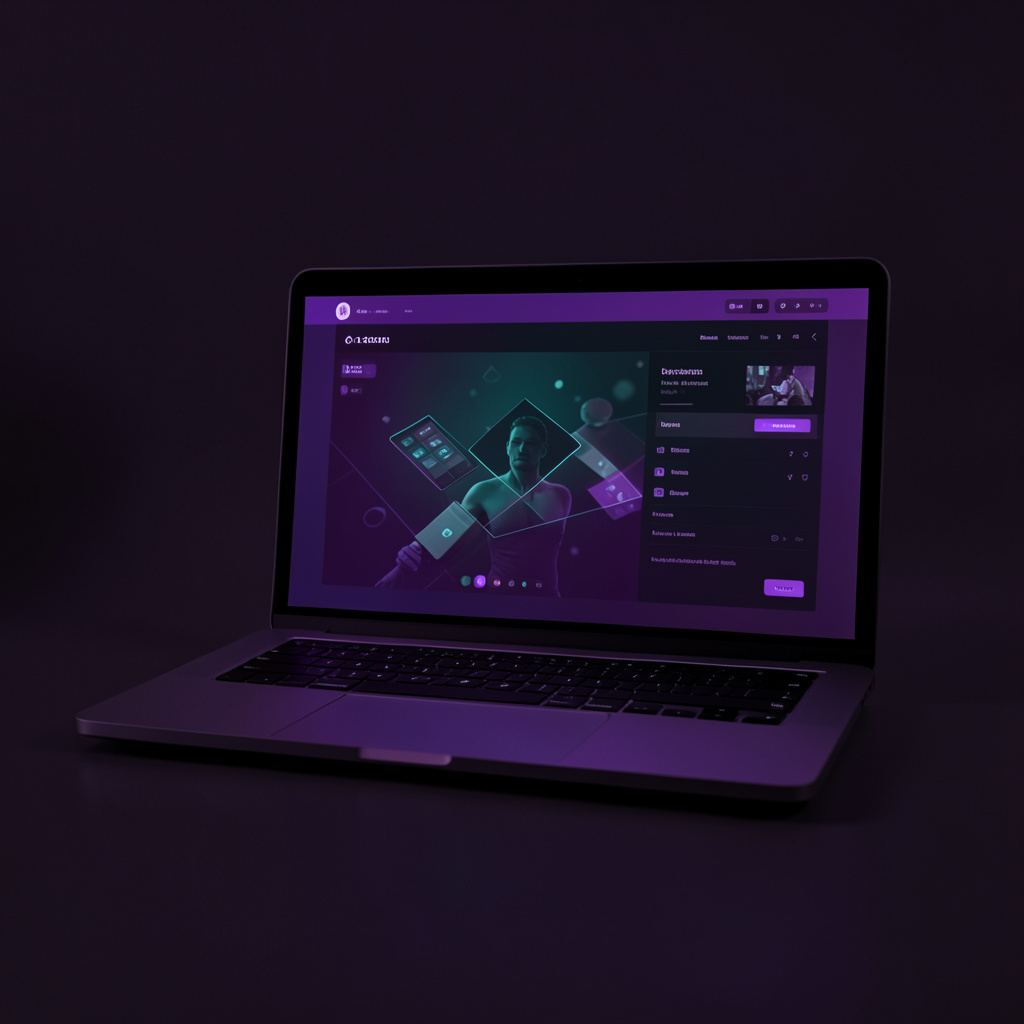 A dark duotone photograph of a sleek laptop screen glowing with deep purple and teal tones, displaying an abstract casino-inspired interface.